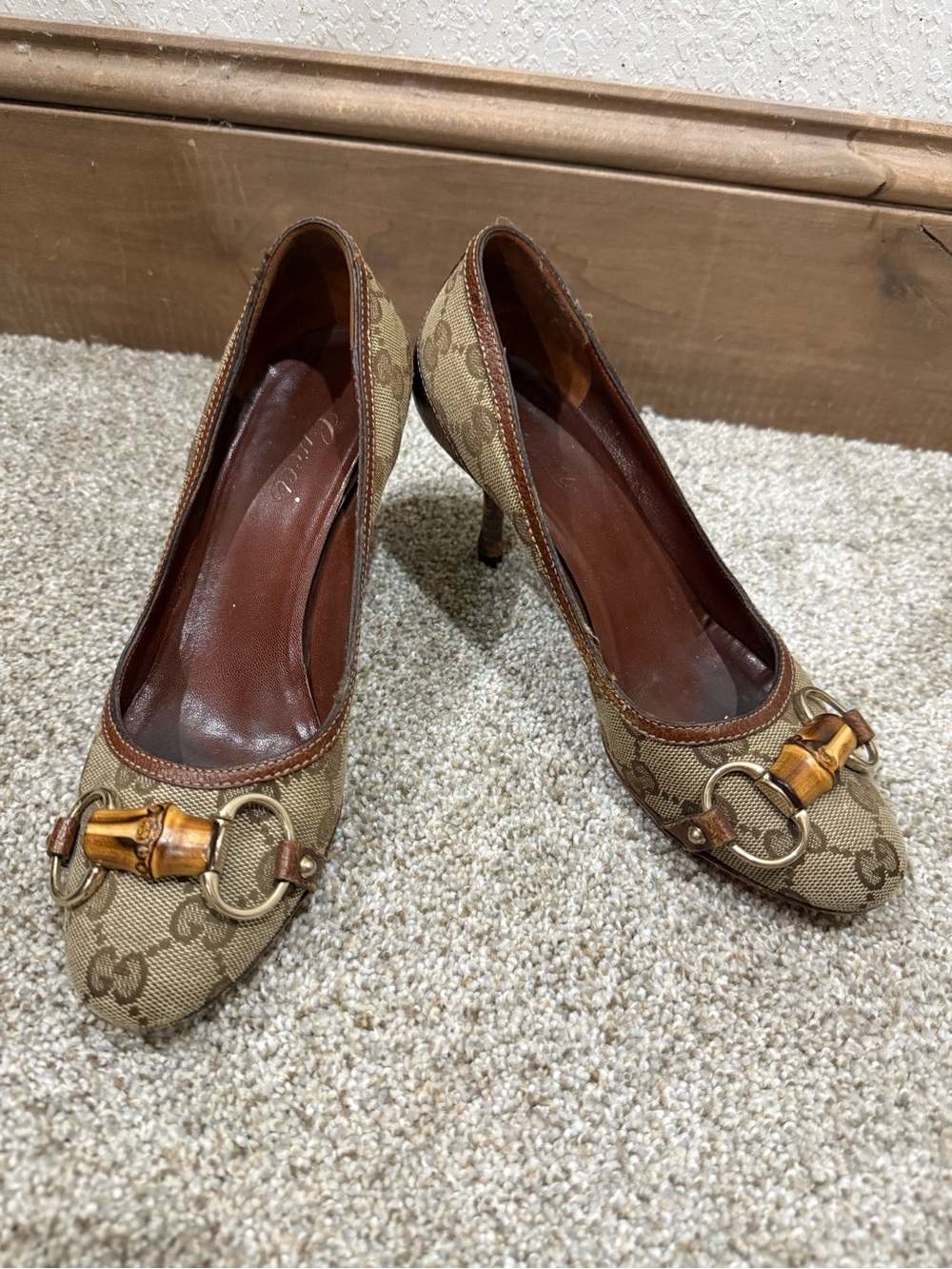 Gucci Beige Brown Monogram Bamboo-Trim High Heels